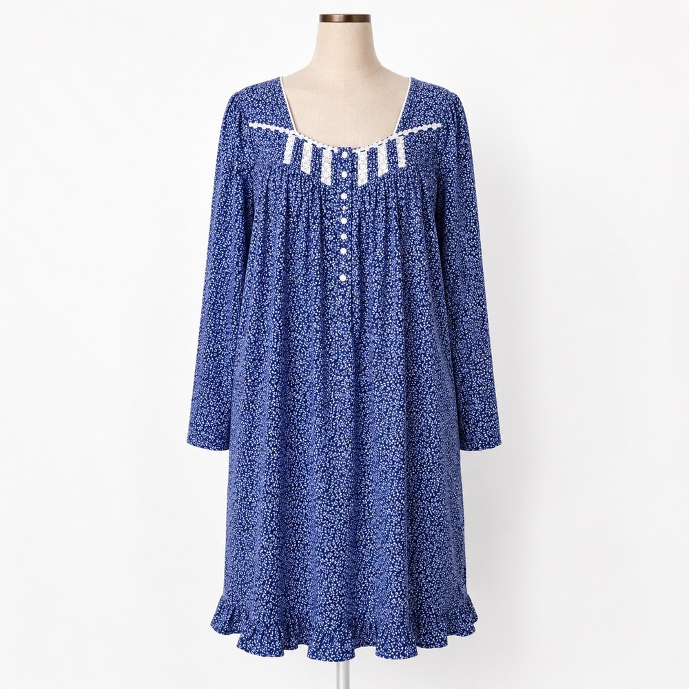 Eileen West Floral 100% Cotton Nightgown Sz L Blue Long Sleeve Lace Sleep Dress